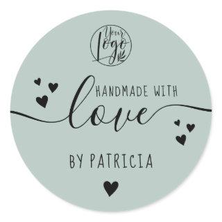 Handmade love script logo hearts sage green classic round sticker