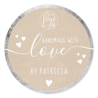 Handmade love script logo hearts silver kraft classic round sticker