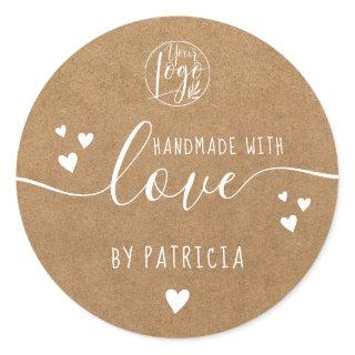 Handmade love typography logo hearts brown kraft classic round sticker
