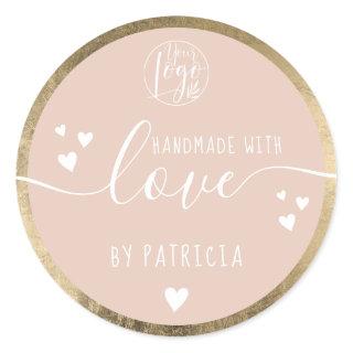 Handmade love typography logo hearts gold pink classic round sticker