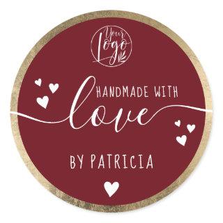 Handmade love typography logo hearts gold red classic round sticker