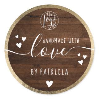 Handmade love typography logo hearts gold wood classic round sticker