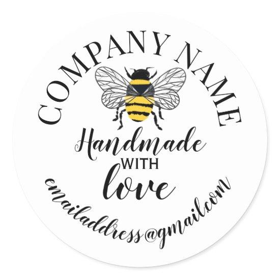 Handmade with love company name bee classic round sticker