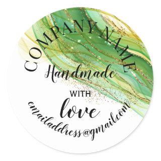 Handmade with love company name teal glitter class classic round sticker