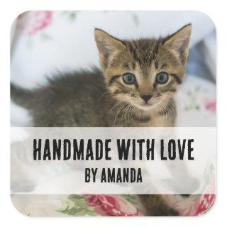 Handmade with Love Cute Tabby Kitten Photo Funny Square Sticker