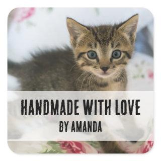 Handmade with Love Cute Tabby Kitten Photo Funny Square Sticker