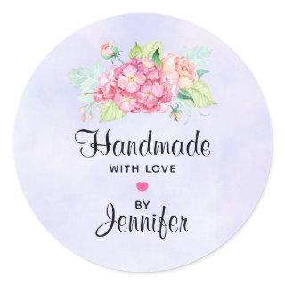 Handmade with Love Elegant Pink Watercolor Flowers Classic Round Sticker