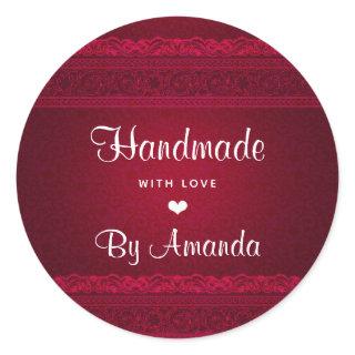Handmade with Love Elegant Red Background Stylish Classic Round Sticker