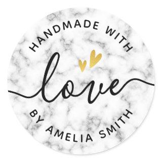 Handmade with love golden heart custom name marble classic round sticker