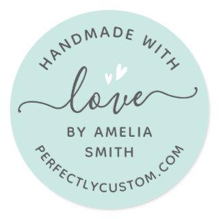 Handmade with love heart name URL light aqua blue Classic Round Sticker