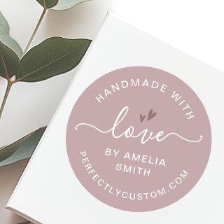 Handmade with love heart name URL rose taupe Classic Round Sticker