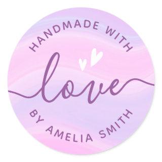 Handmade with love hearts add name pink purple classic round sticker