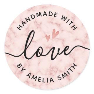 Handmade with love hearts name blush pink marble classic round sticker