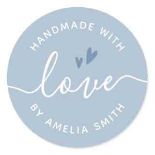 Handmade with love hearts name dusty light blue classic round sticker