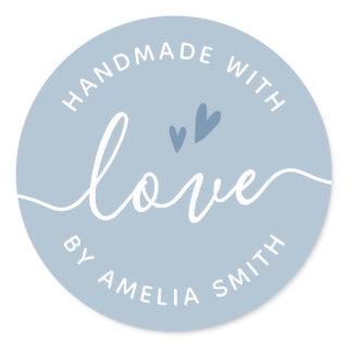 Handmade with love hearts name dusty light blue classic round sticker