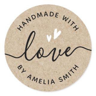 Handmade with love hearts name Kraft paper look Classic Round Sticker