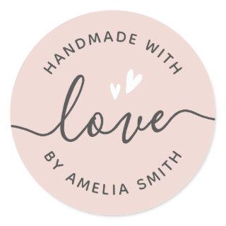 Handmade with love hearts name light blush pink classic round sticker