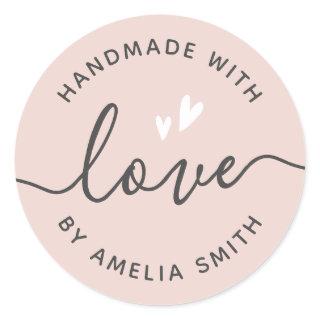 Handmade with love hearts name light blush pink classic round sticker