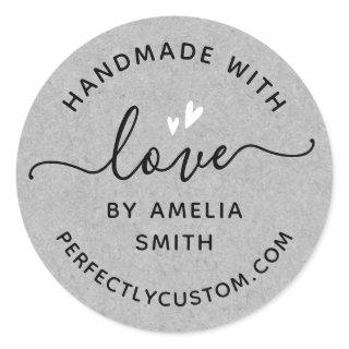 Handmade with love hearts name URL gray paper Classic Round Sticker