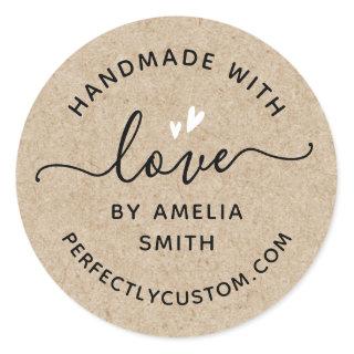Handmade with love hearts name URL Kraft look Classic Round Sticker