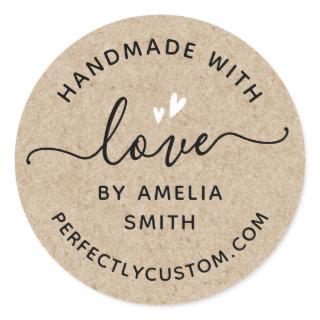 Handmade with love hearts name URL Kraft look Classic Round Sticker