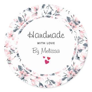 Handmade with Love Pink & Gray Floral Pattern Classic Round Sticker
