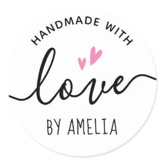 Handmade with love pink hearts custom name classic round sticker