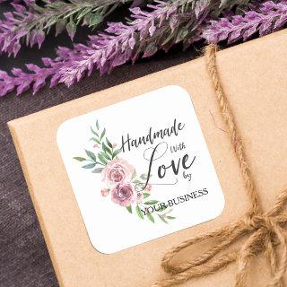 Handmade with Love Quote on Pink Floral Wreath Square Sticker