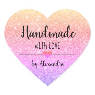 Handmade with love rainbow glitter script   heart sticker