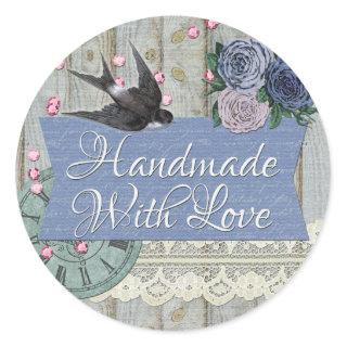 Handmade With Love Vintage Swallow Bird Shabby Classic Round Sticker