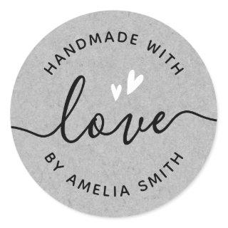 Handmade with love white hearts name gray paper classic round sticker