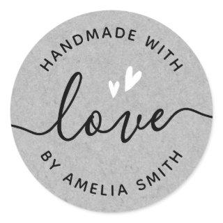 Handmade with love white hearts name gray paper classic round sticker