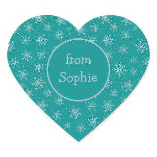 Handpainted White & Aqua Snowflakes on Teal Name Heart Sticker