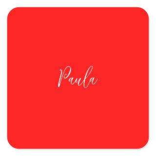 Handwriting Elegant Name Red Color Plain Square Sticker