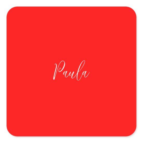 Handwriting Elegant Name Red Color Plain Square Sticker