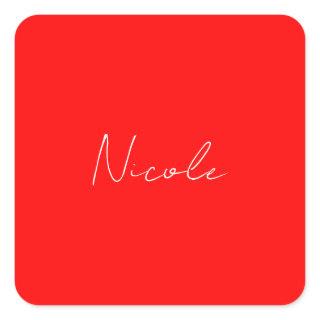 Handwriting Elegant Name Red White Color Plain Square Sticker
