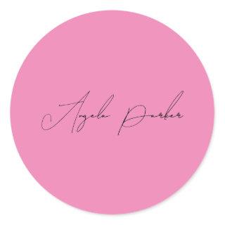 Handwriting Plain Simple Pink Professional Name Classic Round Sticker