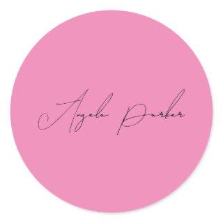 Handwriting Plain Simple Pink Professional Name Classic Round Sticker