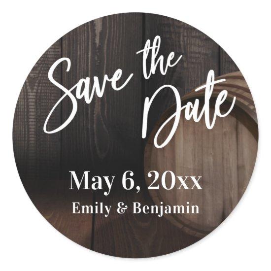 Handwriting Save the Date Brown Wooden Barrel Classic Round Sticker