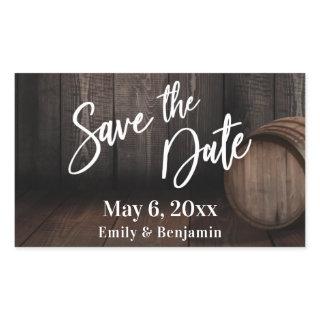 Handwriting Save the Date Brown Wooden Barrel Rectangular Sticker