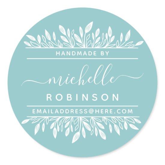 Handwritten Name Blue & White Botanical Handmade Classic Round Sticker