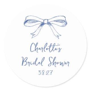 Handwritten Script Coquette Bow Blue Bridal Shower Classic Round Sticker