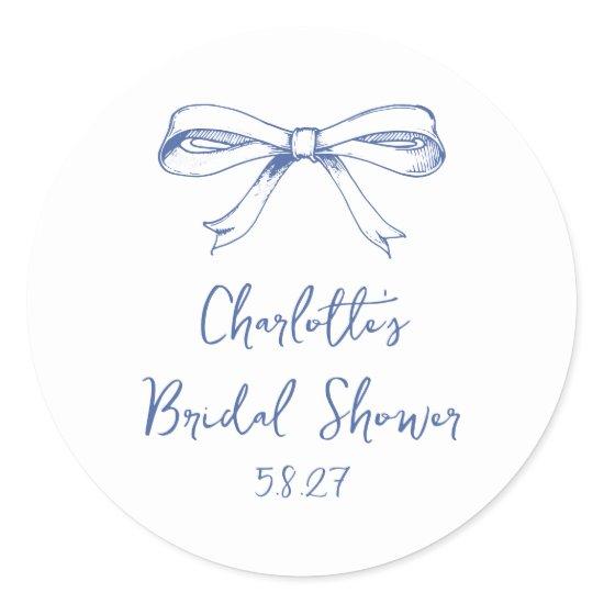 Handwritten Script Coquette Bow Blue Bridal Shower Classic Round Sticker