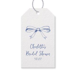 Handwritten Script Coquette Bow Blue Bridal Shower Gift Tags