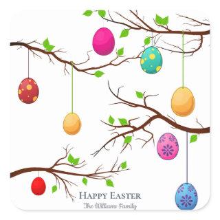 Hanging Easter Eggs, Spring Tree Branches Square Sticker