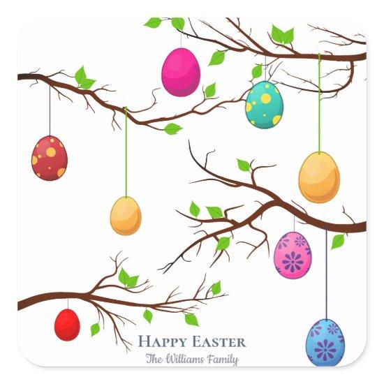 Hanging Easter Eggs, Spring Tree Branches Square Sticker