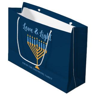 Hanukkah Love & Light Menorah Customizable Blue Large Gift Bag