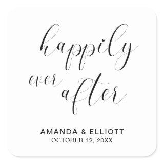 Happily Ever After Black White Typography Wedding Square Sticker