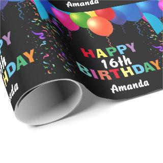 Happy 16th Birthday Colorful Balloons Black