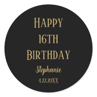 Happy 16th Birthday Sixteen Gold Black Custom Age Classic Round Sticker